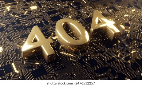 404 Error Gold Text Digital Background with Futuristic Circuit Network for Tech Website Design. 3D Illustration