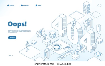 404 Isometric Page. Not Working Error, Lost Data Or Not Found 404 Problem, Disconnection Sign. Landing Page Line 3d Design