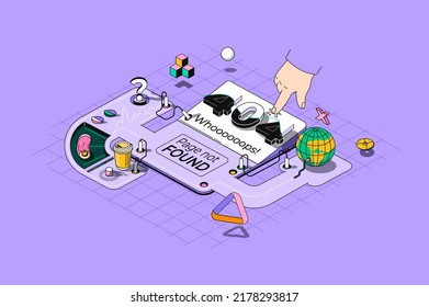 404 Page Not Found Concept 3d Isometric Outline Web Design. Tech Support Solving Webpage Problem And Fix Disconnect Of Internet Site. Web Illustration With Abstract Line People Composition