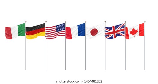45th G7 Summit , August 24–26, 2019 In Biarritz, Nouvelle-Aquitaine, France. 7  Flags Of Countries Of Group Of Seven - Canada, France, Japan, Germany, Italy, USA , United Kingdom. 3D Illustration.