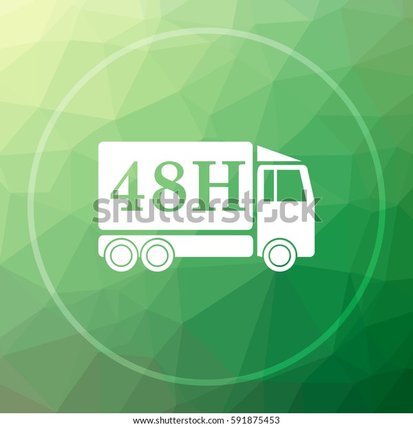 48H delivery truck icon. 48H delivery\
truck website button on green low poly\
background.\
