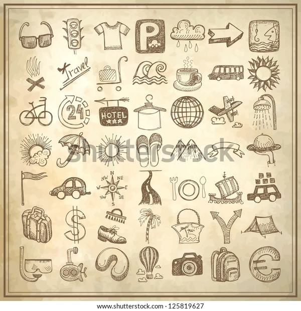 49 hand drawing doodle icon set on\
grunge paper background, travel theme, raster\
version
