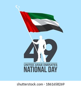 49 United Arab Emirates flag National day banner, Spirit of the union logo. 49th anniversary Celebration Card with silhouette of standard bearer with UAE flag. 2 December National holiday banner 2020