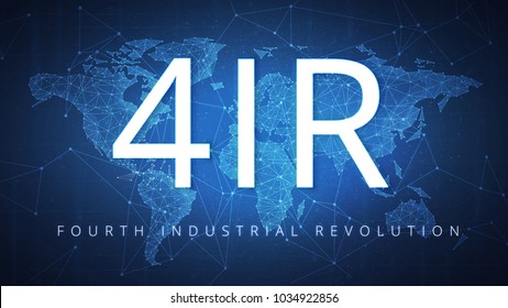 4IR on the background of polygon world map with blockchain technology peer to peer network. Fourth industrial revolution and global cryptocurrency blockchain business banner concept.