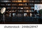 4K backdrop for vloggers, streamers: educational research, bibliophile book reviews, scientific video content. Bookshelves and a personal library interior. Media production, video blog streaming, 3D