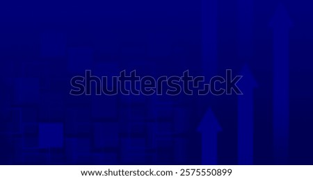 4k Blue dark background with 3d squares and growth up arrows. Empty geometric backdrop for business presentation. Abstract navy blue background. Trade universal templates. Futuristic high technology