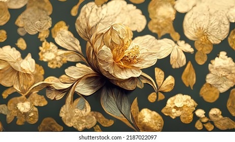 4K golden floral background, abstract vintage flower design, mural art, gold nature, 3D illustration, 3D render