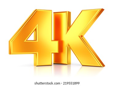 4K ultra high definition television technology golden logo icon isolated on white background with reflection effect