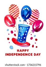 4th Of July Design Template With Top Hat And Balloons. Hand Drawn Watercolor Sketch Illustration