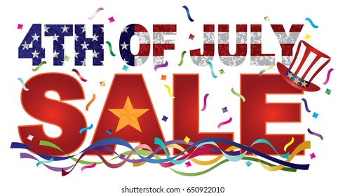 4th of July Happy Independence Day Sale Header American Flag Grunge Texture Outline Gold Star raster Illustration