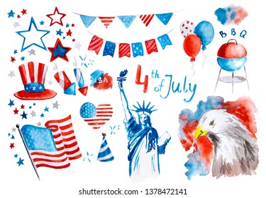 4th July - Independence day of United States of America - festive watercolor set with different holiday symbols isolated on white background