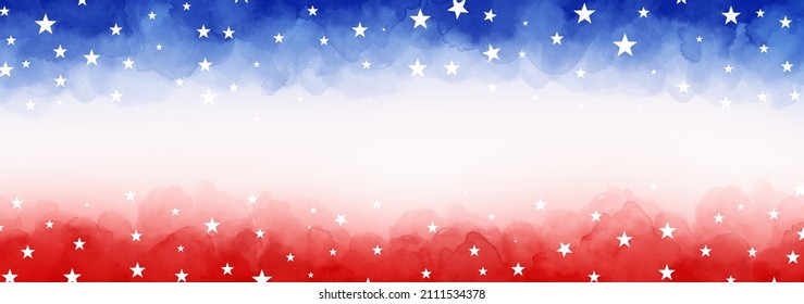 4th Of July Or Memorial Day Background, July 4th Red White And Blue Colors With Soft Faded Watercolor Star Border Texture Design And Blank White Center, Veteran's Day Patriotic Color Background