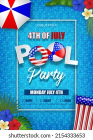 4th of july pool party poster. american independence background with inflatables and tropical plants.