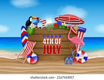 4th of july poster with summer elements on beach background. american independence beach party background