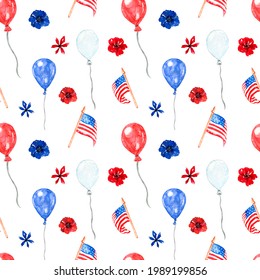4th of July seamless pattern. Hand painted watercolor red, white and blue balloons, US flags and flowers on white background. Patriotic american print. Festive holiday wallpaper.