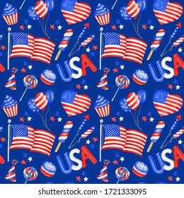 4th Of July Seamless Pattern. Patriotic American Holiday Fourth Of July Fabric Texture In Red Blue Colors. Independence Day Of America Festive Background. Watercolor Illustration For Scrapbook Design.