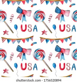 4th Of July Seamless Pattern. Patriotic American Holiday Watercolor Fabric Texture In Red And Blue Colors. Independence Day Of America Festive Background. Handdrawn Illustration For Scrapbook Design.