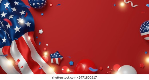 4th of july usa independence labor and memorial day banner design of american flag and balloons on red background 3D render - Powered by Shutterstock