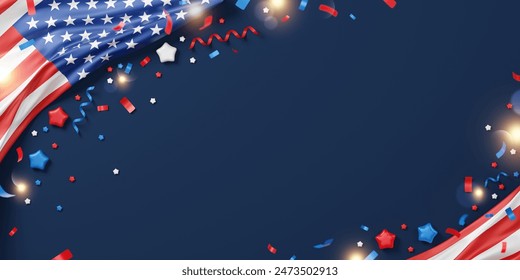 4th of july usa Independence labor and memorial day banner design of american flag and balloons on blue background 3D render - Powered by Shutterstock