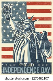 4th Of July Vintage Poster With Statue Of Liberty.  Illustration