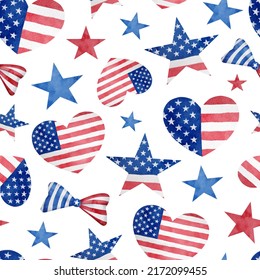 4th Of July Watercolor Seamless Pattern. Hand Drawn Ribbon Bows, Stars And Hearts With American Flag Isolated On White Background. I Love USA Repeated Design
