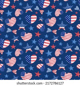 4th of July watercolor seamless pattern. Hand drawn ribbon bows, stars and hearts with American flag on dark blue background. I love USA repeated design - Powered by Shutterstock