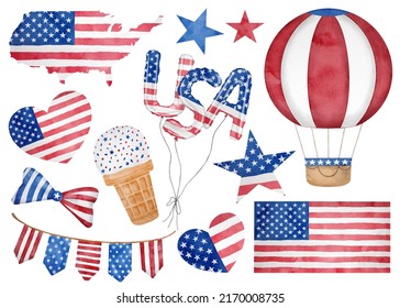 4th Of July Watercolor Set. Hand Drawn American Patriotic Symbols. USA Flag, Map, Balloons, Stars And Stripes In Traditional Blue And Red Colors Isolated On White Background. Happy Independence Day