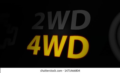 4WD Wheel Drive Indicators On Car Dashboard Screen. 3D Illustration.
