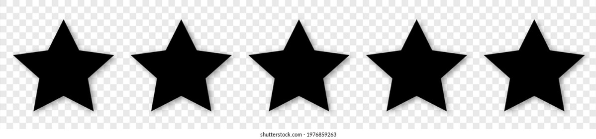 5 Black Stars Icon. Customer Feedback Concept. 5 Stars Rating Review. Simple Flat Style With Shadows. Design For Apps And Website. Isolated On Transparent Background