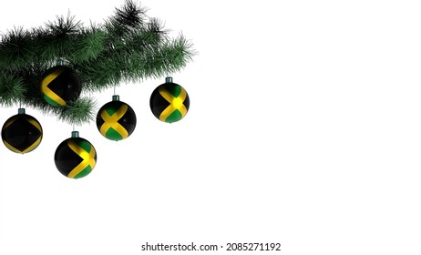 5 Christmas balls hanging on a Christmas tree, on a white background. The flag of Jamaica is painted on the balls
