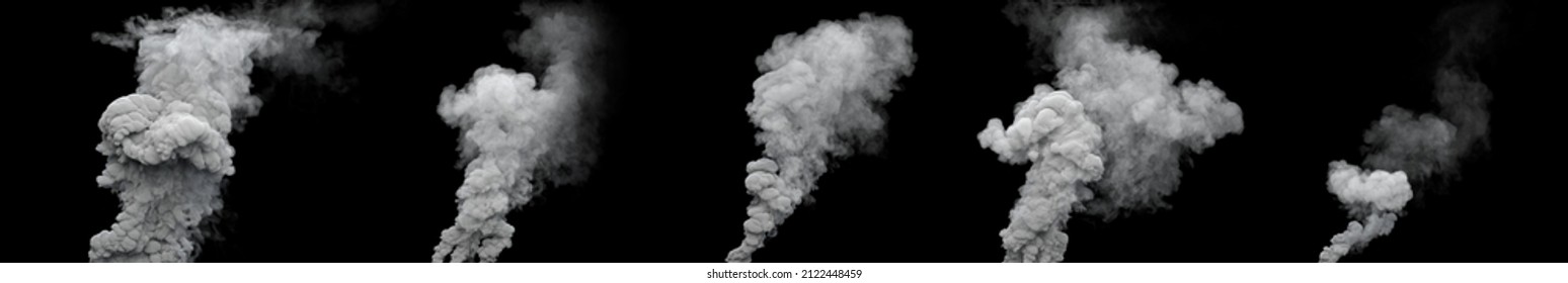 5 Grey Co2 Emissions Smoke Columns From Explosion On Black, Isolated - Industrial 3D Illustration