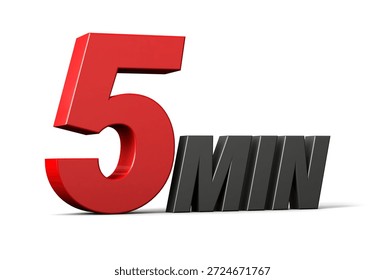 5 Min 3d text logo with a bold red number and sleek black letters, representing speed, urgency, and quick time concept on a white background. 3d illustration.