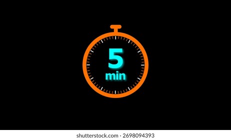 5 min clock illustration timer icon. timer 5 minutes countdown icon. motion graphic Clock 5 minute icon, blue background 4k illustration.
