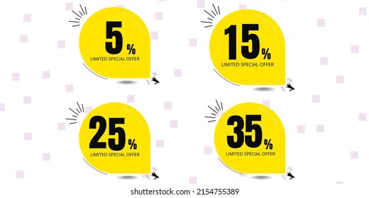 5% off, 15% off, 25% off, 35% off. Banner with five, fifteen, twenty five and thirty five percent discount on a white background with yellow ballons