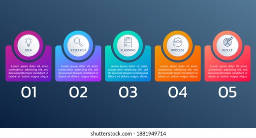 5 step or option infographic elements with business icons and text. Timeline info graphic, flow chart, layout, finance workflow template. 
