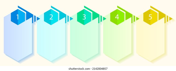 5 vertical numbered columns with sequence. Horizontal layout of empty columns for your heading and text. Gradient thread with soft colors and shadow, blank, copy space. - Powered by Shutterstock - Get 15% off with code: PIKWIZARD15