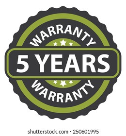 5 years warranty on green vintage, retro sticker, badge, icon, stamp isolated on white 