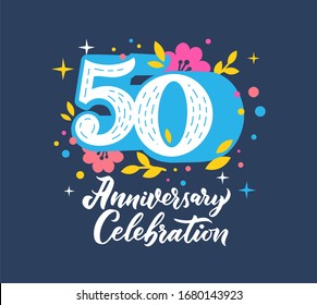 50 anniversary celebration flat greeting card template. 50th birthday postcard with hand drawn number and floral design elements. Jubilee invitation, festive event social media post layout - Powered by Shutterstock