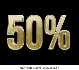 50 percent 3d text gold render illustration on black isolated background