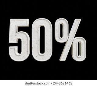 50 percent 3d text white render illustration on black isolated background