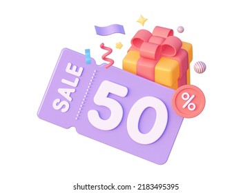 50 percent Off. Coupon and gift box isolated on white background. 3d rendering - Powered by Shutterstock