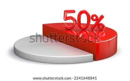 50% red pie chart isolated on white background. 3d illustration.