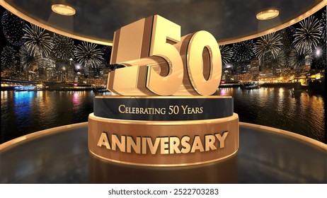 50 years, 50th anniversary video in metallic gold, with fireworks background backdrop - Powered by Shutterstock