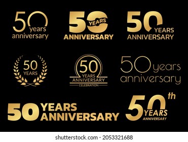 50 Years Anniversary Icon Or Logo Set. 50th Birthday Celebration Golden Badge Or Label For Invitation Card, Jubilee Design. 