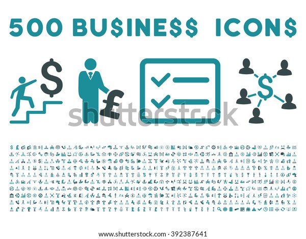 500 American and
British business icons. Style is bicolor soft blue flat icons on a
white background.
