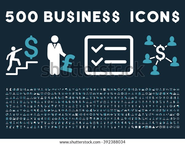 500 American\
and British business icons. Style is bicolor blue and white flat\
icons on a dark blue\
background.