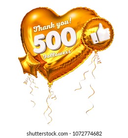 500 followers thank you golden heart and gold balloons, star. 3D Illustration for Social Network friends, followers, Web user Thank you celebrate of subscribers or followers and likes.