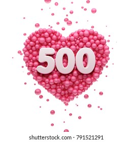 500 followers thank you Pink heart and red balloons, ball. 3D Illustration for Social Network friends, followers, Web user Thank you celebrate of subscribers or followers and likes.