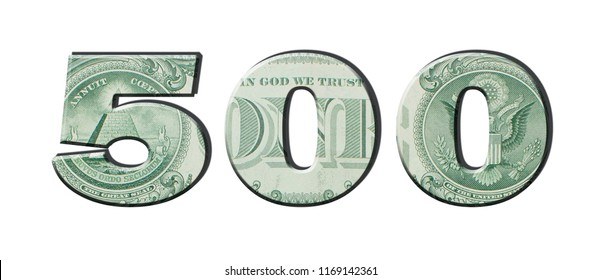 500 Number. American dollar banknotes. Money texture. Isolated on white background