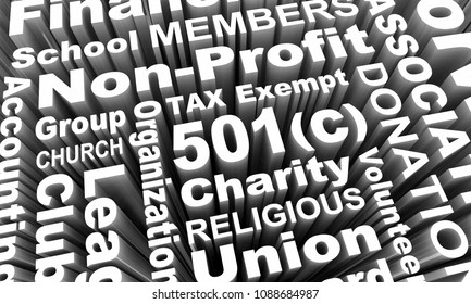 501c Tax Exempt Group Organization Entity Charity Church Word Collage 3d Render Illustration
